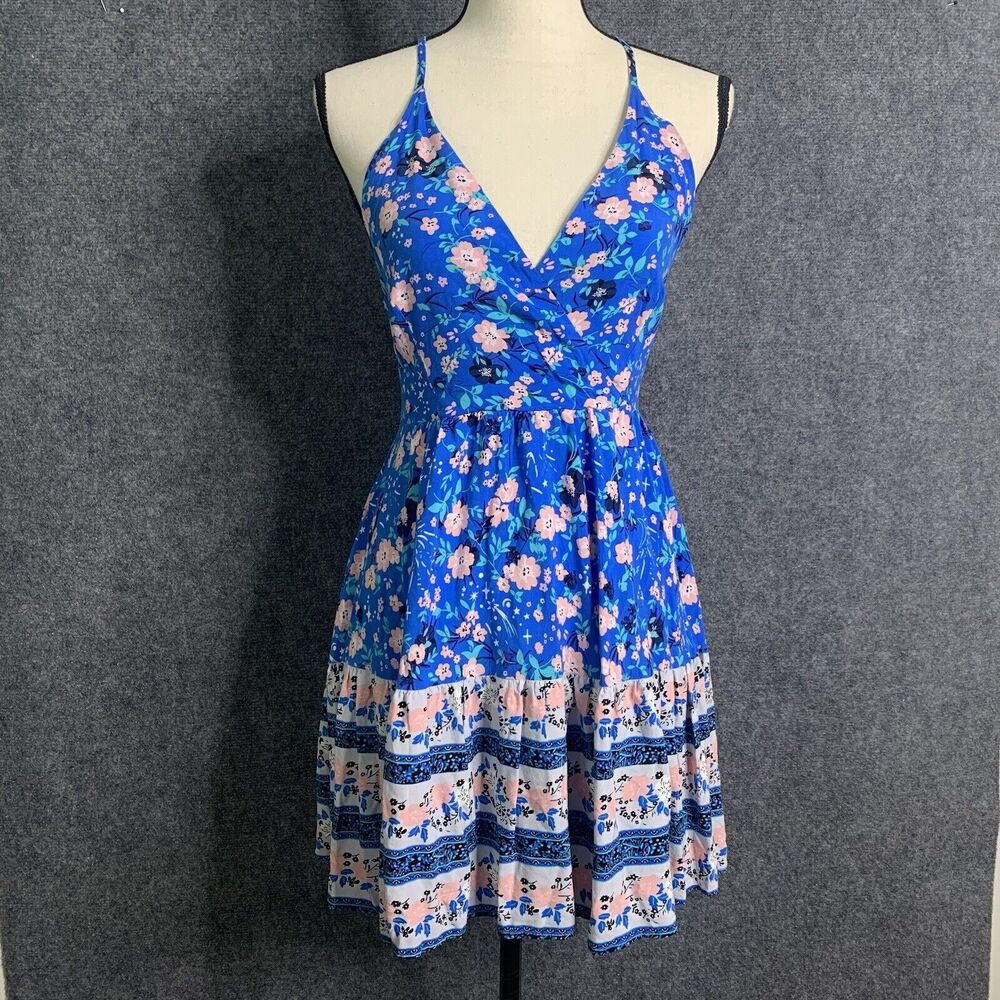 Unbranded Floral Strappy Sun Dress XS Blue Pink Open Tie Back Elastic Pullon - Picture 2 of 9